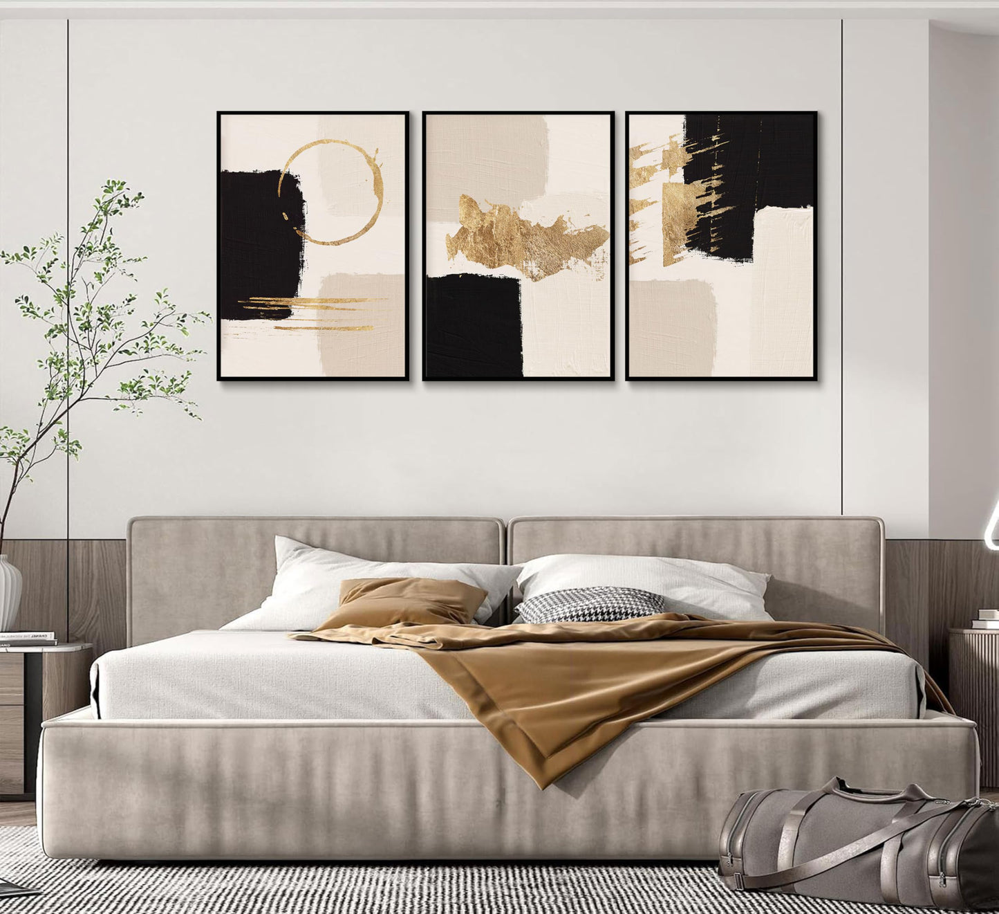 3pcs Black Gold Abstract Wall Art Bohemian Simple Geometric Canvas Poster Print Modern Beige Picture Painting Wall Decor for Living Room Bedroom Office Decoration Frameless