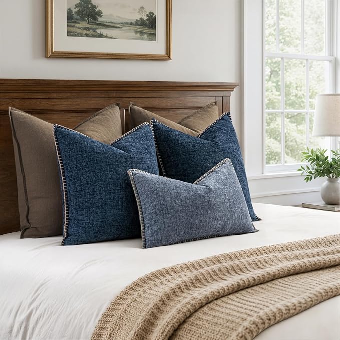 MIULEE Pack of 2 Lumbar Throw Pillow Covers 12x20 Inch Dark Grey Blue Farmhouse Decorative Pillow Covers with Stitched Edge Soft Chenille Solid Dyed Pillow Covers for Couch Sofa Bed Living Room