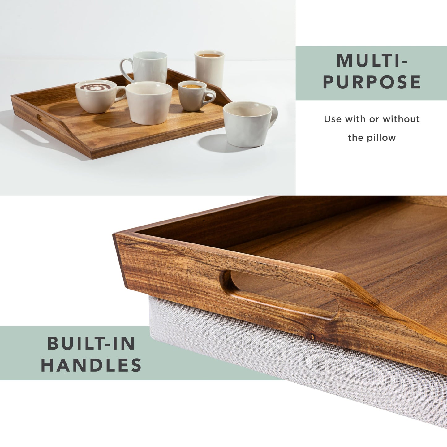 ROSSIE HOME Acacia Wood Bed Tray, Lap Desk - Set of Two - with Hyacinth Storage Basket - Natural - Fits up to 15.6 Inch Laptops - Style No. 70106