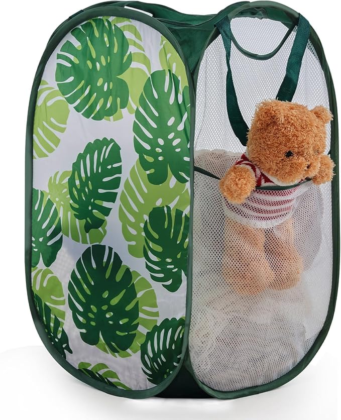 TECHMILLY Collapsible Mesh Pop Up Laundry Hamper with Sturdy Handles and Side Pocket - Portable Foldable Clothes Baskets for Dorm, Bathroom & Travel Storage (Green Leaf)