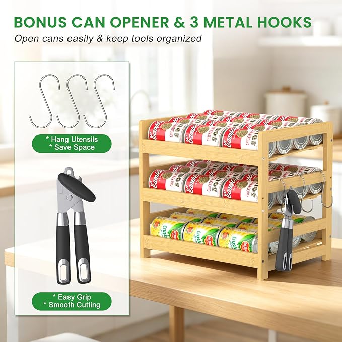 Bamboo Rolling Can Organizer for Pantry, Stackable 3 Tier Canned Food Storage Rack for Kitchen Can Storage Organizer Set with Can Opener & Hooks for Cabinet & Countertop, Holds up to 36 Cans