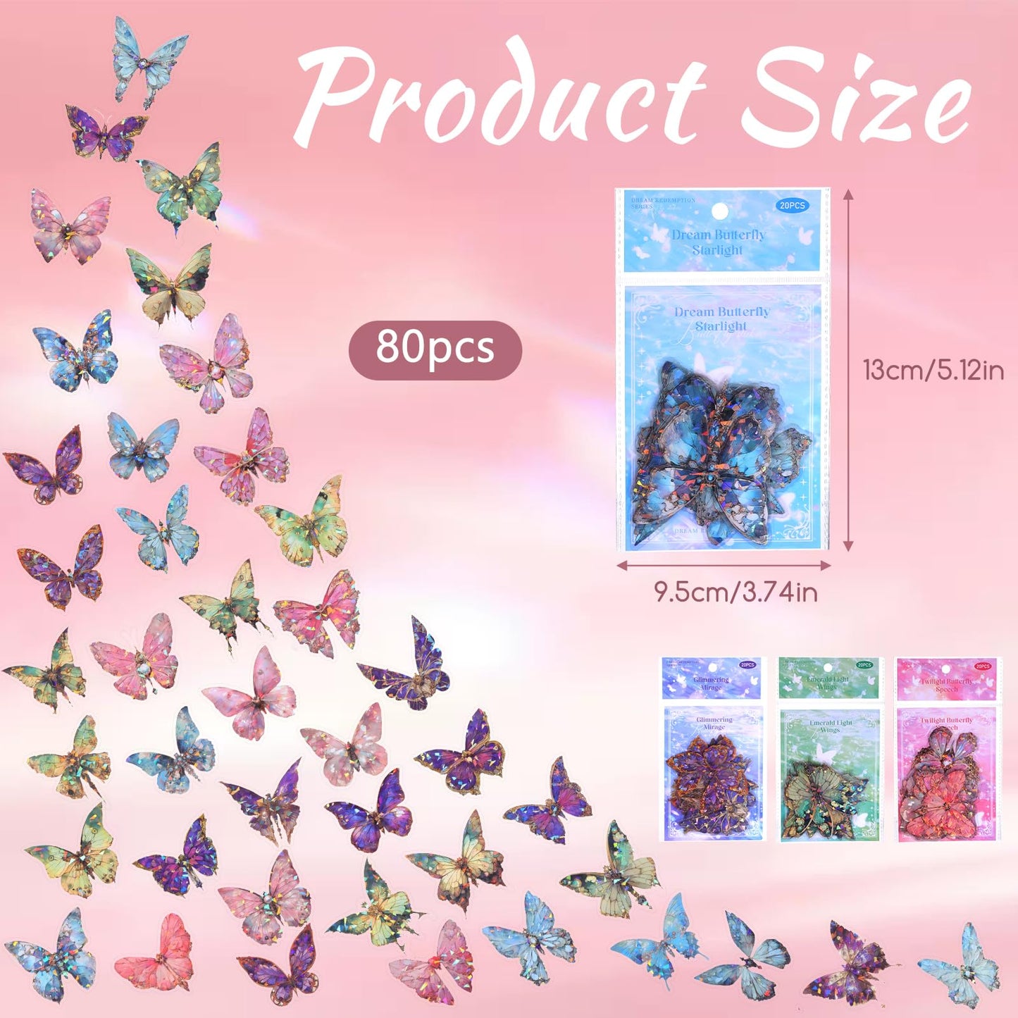 80PCS Holographic Glitter Butterfly Stickers Transparent Pretty Shiny Butterfly Decals Waterproof Transparent PET Decals for Scrapbooking Journaling Planners Phone Water Bottle DIY Crafts