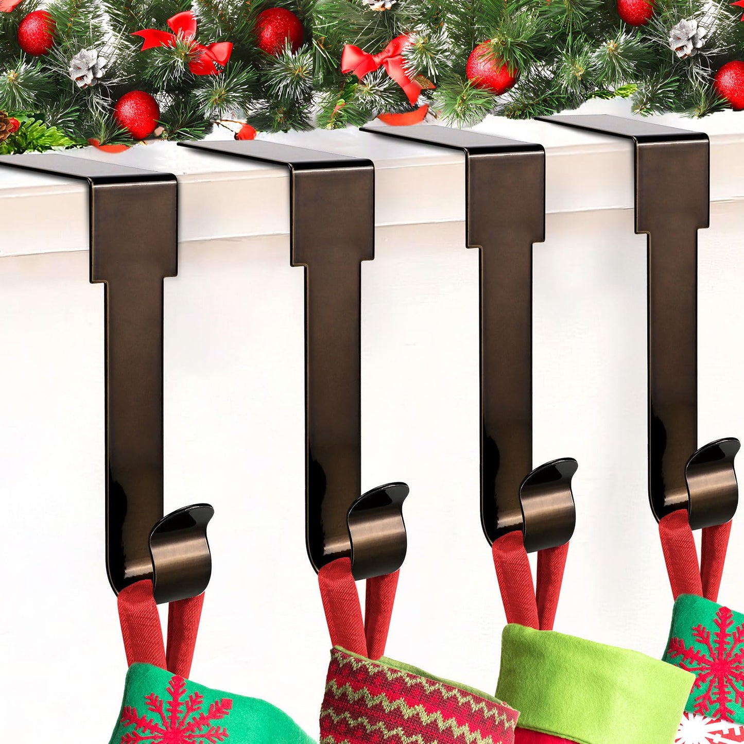 SPSHENG Christmas Stocking Holders for Mantle, 4 Pack Stocking Hangers for Mantel, Non-Skid Stocking Hangers, Lightweight Stocking Hooks for Fireplace Home Party Decor