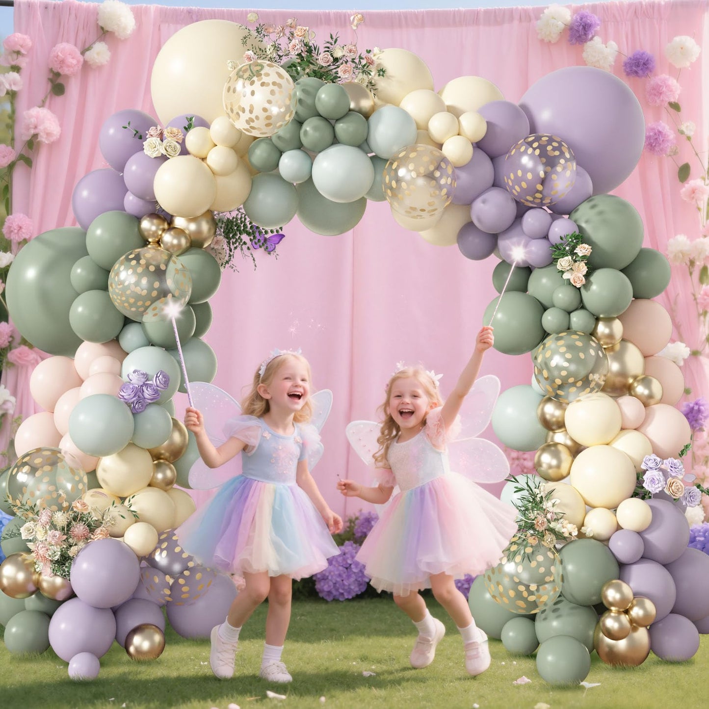 Amandir 173Pcs Dusty Green Purple Pink Balloon Arch Garland Kit, Lavender Pastel Blush Pink Yellow Mist Green Gold Confetti Balloons for Easter Shower Wedding Tea Wildflower Birthday Party Decorations