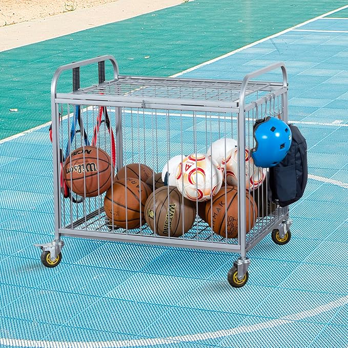 MyGift Large Capacity Metal Rolling Multi Sports Ball Cage Storage Hopper, Gym Equipment Basket Cart with Lockable Latch, Heavy Duty Caster Wheels, and 8 Accessory Hooks