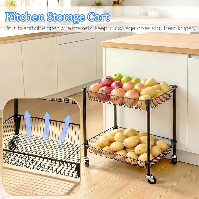 2 Tier Rolling Pantry Cart on Wheels Thick Metal Pantry Floor Organizer Small Utility Cart for Small Space, Fruit Vegetables Rack for Kitchen, Under Desk Storage Onion Potato Storage Basket, Black