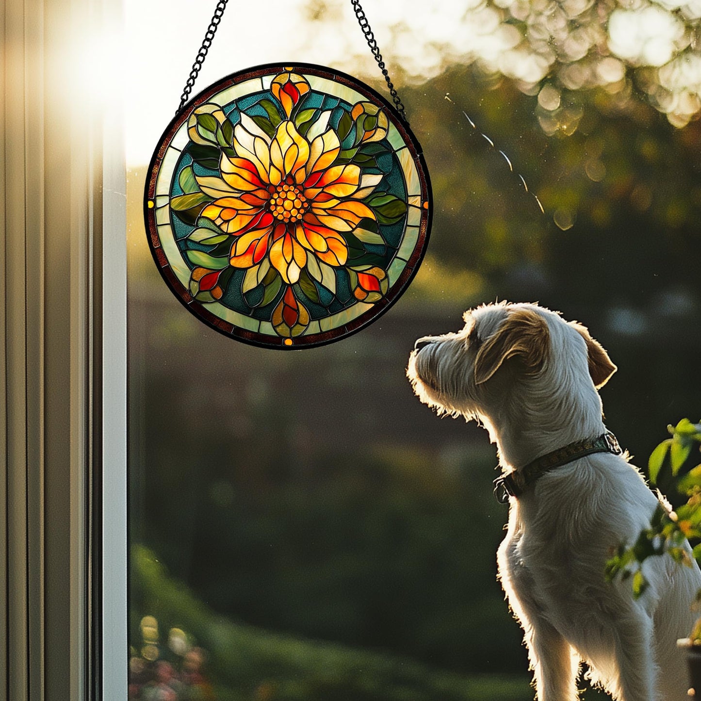 JOSUMALY Stained Glass Window Hanging - Retro Yellow Flower Suncatcher for Door Garden Home Decor Dahlia Sun Catcher Christmas Birthday for Lovers Friend Women Mom Nana 6.3 in