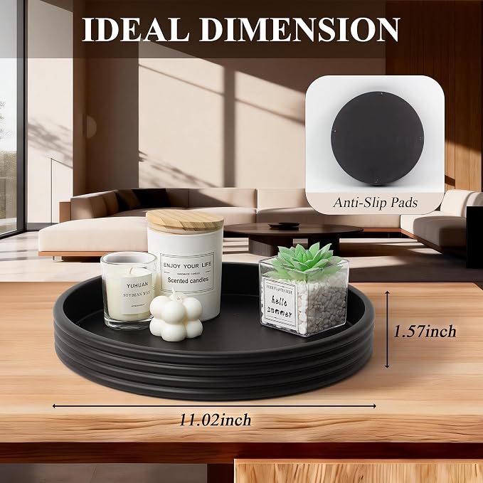 YMXYJM Round Decorative Tray - Modern Coffee Table Tray Decor, Resin Home Decor for Living Room & Bedroom. Multi-Functional Coffee Table Centerpiece with Anti-Slip Pads - 11x1.5 Inch Key Trays - Black