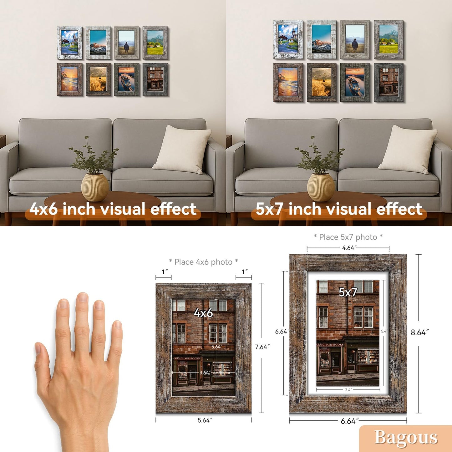 Bagous 5x7 Picture Frames Set of 8, Vintage Rustic Farmhouse Industrial Style Photo Frames, High Definition Real Glass, for Tabletop or Wall Hanging