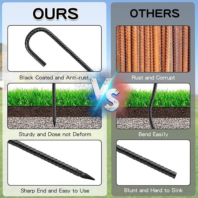 Black Rebar Stakes 12inx6mm Galvanized J Hook 10pcs – Heavy Duty Ground Tent Stakes for Fence,Bounce House,Outdoor Plants,Artificial Turf,Dog Coop,Metal Stakes for Christmas Decorations
