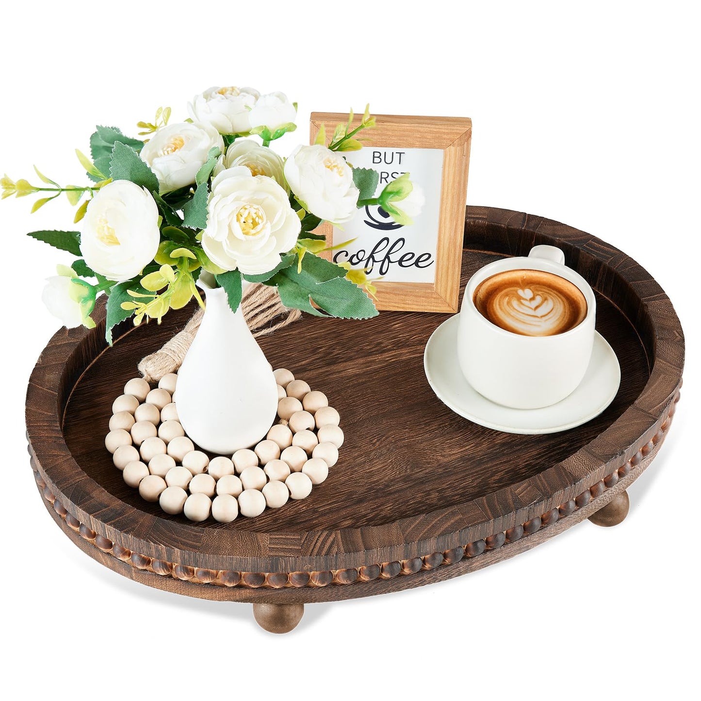 Wooden Decorative Tray-16×11.8in Wood Beaded Coffee Table Decor Tray, Rustic Farmhouse Decor Tray for Living Room, Bathroom, Kitchen Dining Table, Serving Tray Home Decor