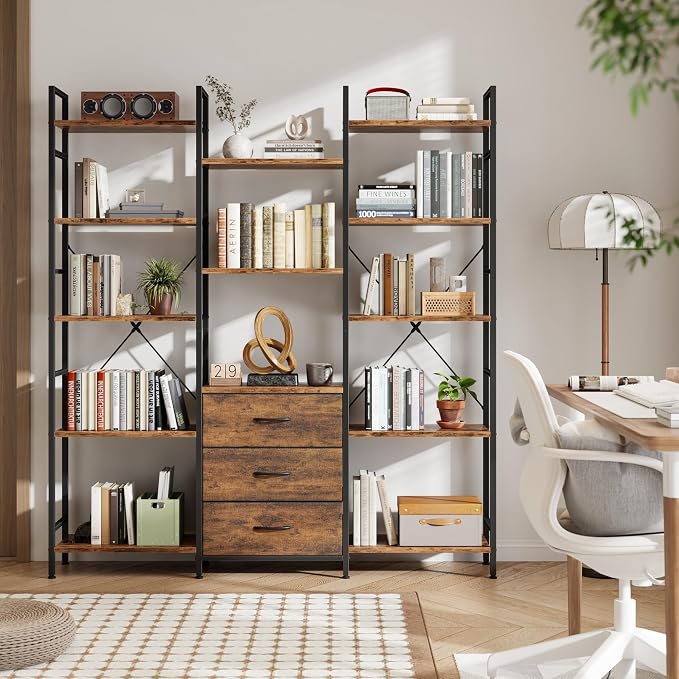 AFLUI Triple Bookshelf with 3 Fabric Drawers, 5-Tier Book Shelf and 10 Display Shelves, Industrial Large Bookcase for Home & Office, Rustic Brown, 47'' Wide