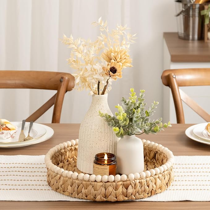 StorageWorks Round Decorative Trays for Home Decor Farmhouse, Wicker Coffee Table Tray Decor with Wooden Beads and Handles, Woven Dining Room Decor Tray for Kitchen Counter,Living Room,Bedroom