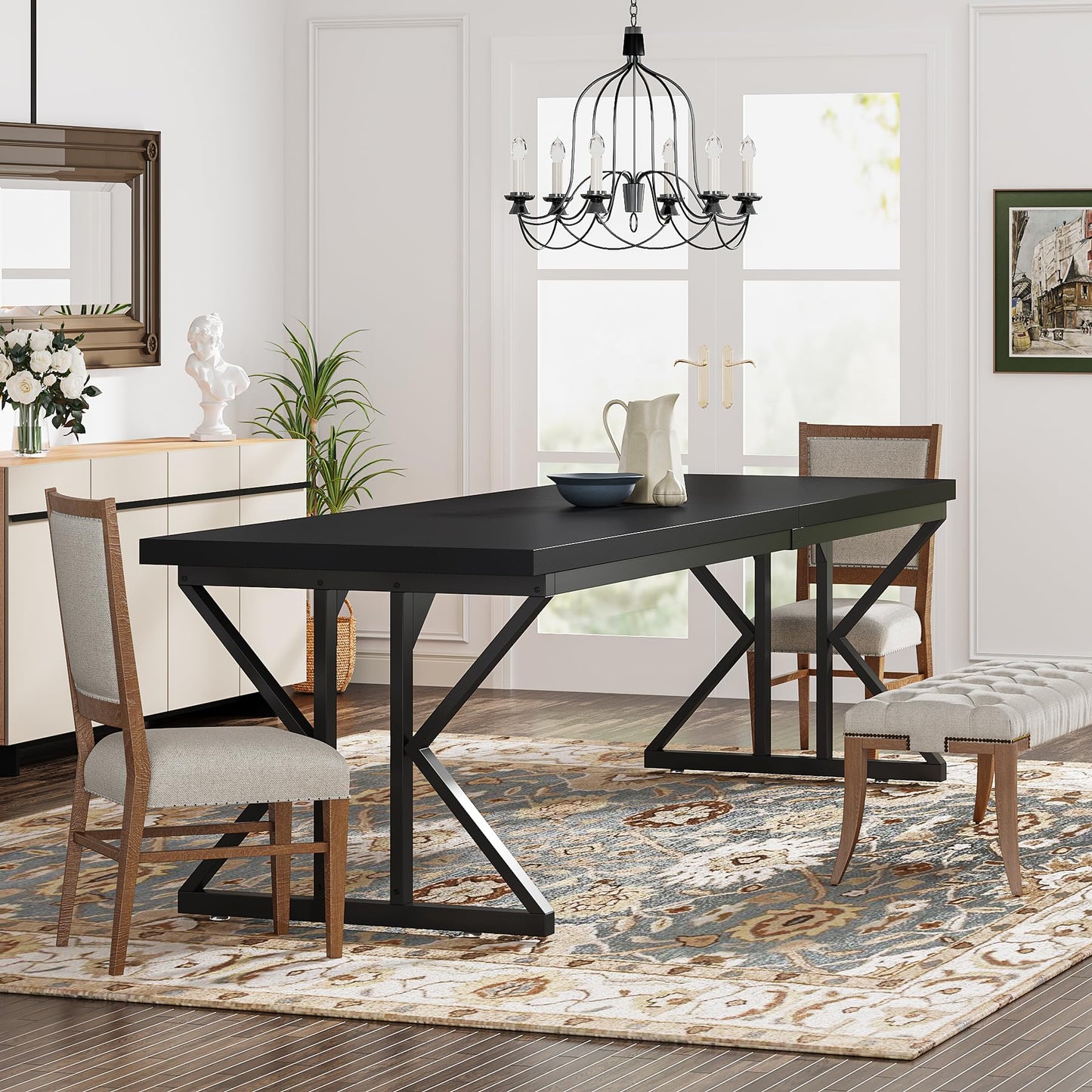 Tribesigns Farmhouse Dining Table for 6 People, 70.8-Inch Rectangular Wood Dining Table, Rustic Kitchen Table with Heavy Duty Metal Legs for Dining Room (Matte Black, 70.8-Inch)