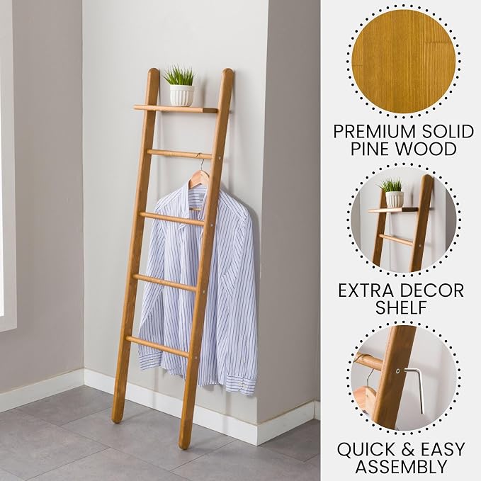 Solid Pine Wood Blanket Ladder for Living Room Bathroom Organizer Shelves, 7-Tier 5-Tier Freestanding Shelf, Freestanding Towel Rack Extra Storage, Wall-Leaning (Oak, Medium)