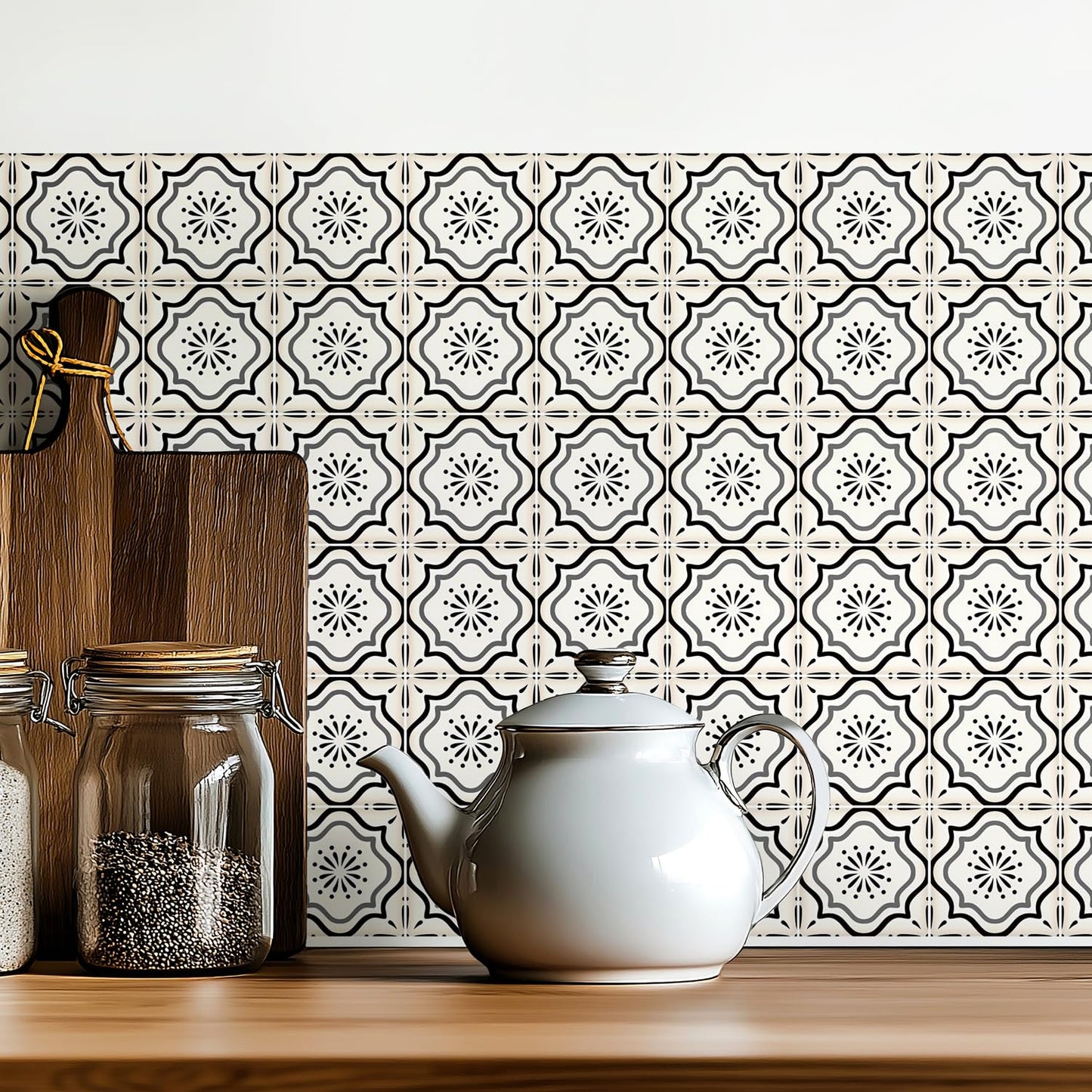 30 Count Moroccan Tile Decals 4 in – Self Adhesive Vinyl Wall Stickers, Waterproof Peel & Stick for Kitchen Backsplash, Bathroom, Stair Tread Accent, Neutral Tan/Black (Black)