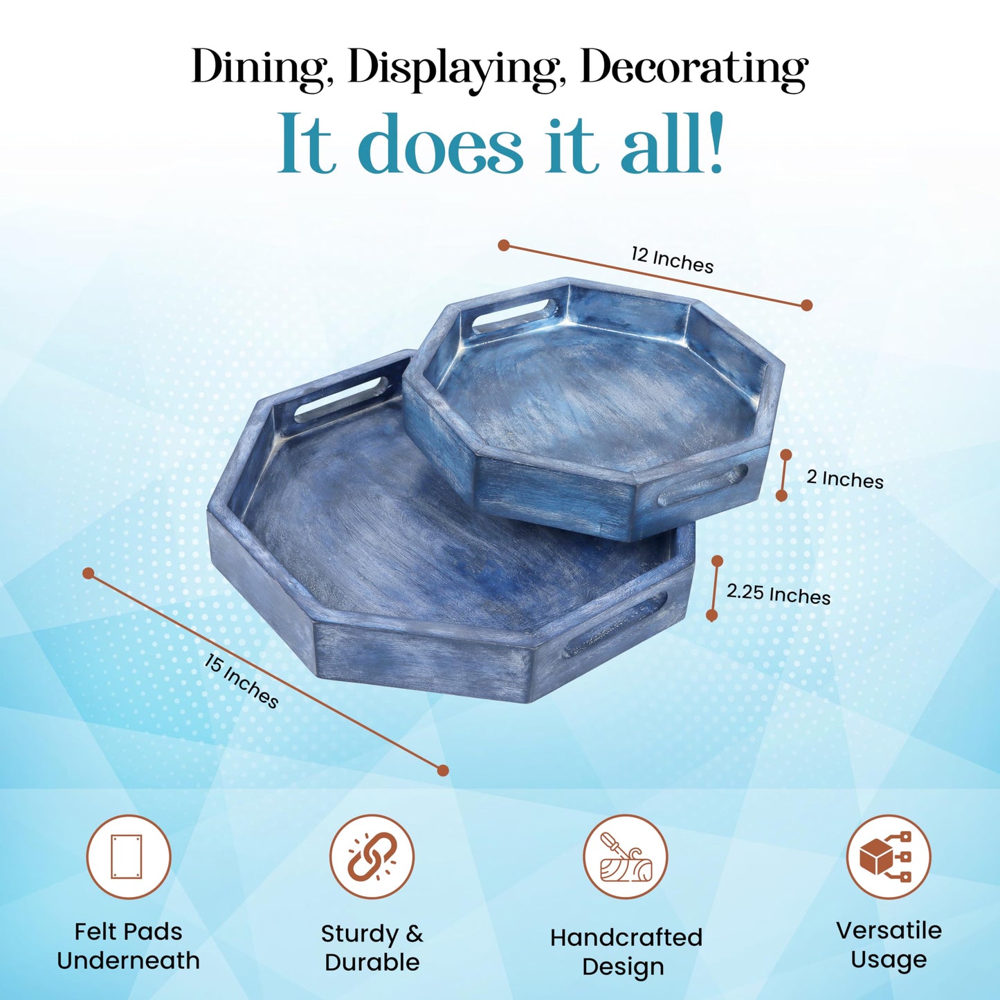 Ottoman Wooden Serving Tray Set of 2 - Decorative Handmade Vanity Platter for Kitchen, Bathroom, Countertop Organizer, Fruit Bowl, Rustic Wooden Trays for Home Décor (Blue) - ALPHA Living HOME