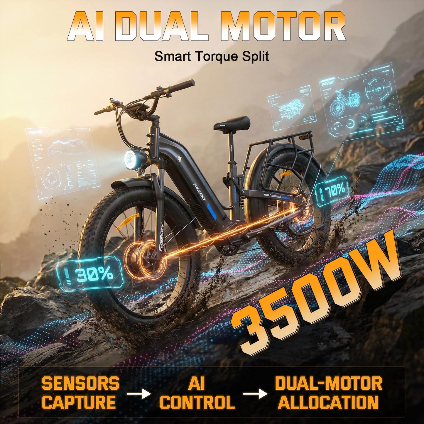 FREESKY Dual Motor Electric Bike for Adults 3500W Fast Ebike 105Miles Long Range 48V 25A Electric Mountain Bike 34MPH Dirt E Bike 26'' Fat Tire Full Suspension Electric Bicycle for Women/Man Black