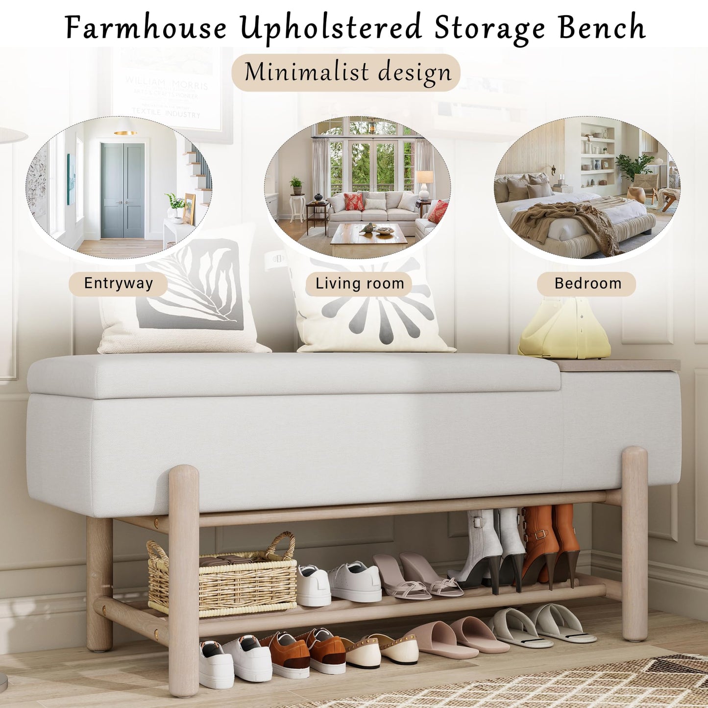 GDFStudio 47.2" Modern Upholstered Shoe Storage Bench with Hidden Compartment and Shoe Rack, Wood Entryway Shoe Organizer Cabinet with Cushion for Bedroom Living Room Hallway, Natural