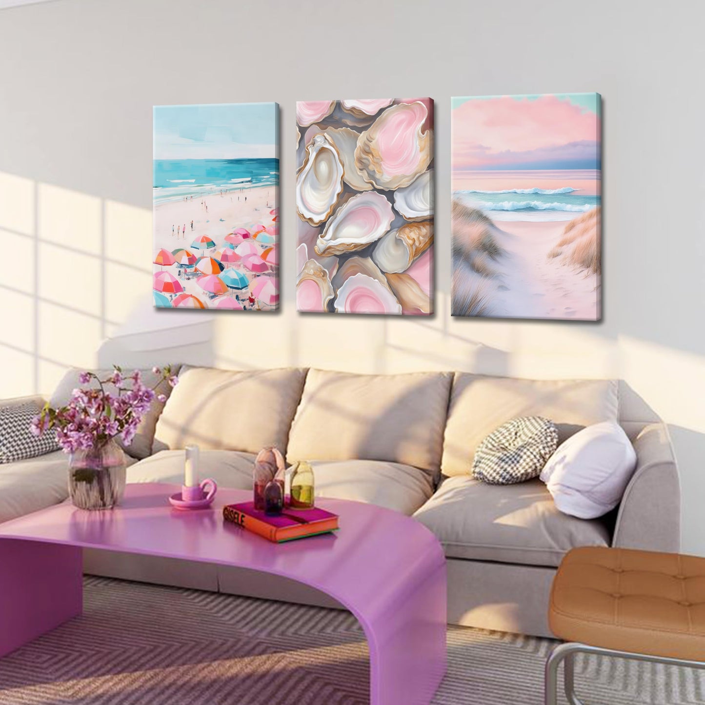 Preppy Coastal Canvas Wall Art Set of 3, Trendy Pink Beach Wall Decor Paintings, Summer Beachy Shells Oyster Aesthetic Posters Prints Pictures for Girls Room Dorm Bathroom Bedroom 12x16 Inch Framed