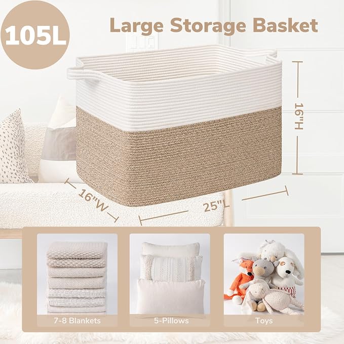 Goodpick Large Woven Blanket Basket 105L, 25"x16"x16" Cotton Rope Organizer for Toys, Dirty Clothes, Extra Large Rectangle Storage Basket for Living Room, Bedroom, White & Brown