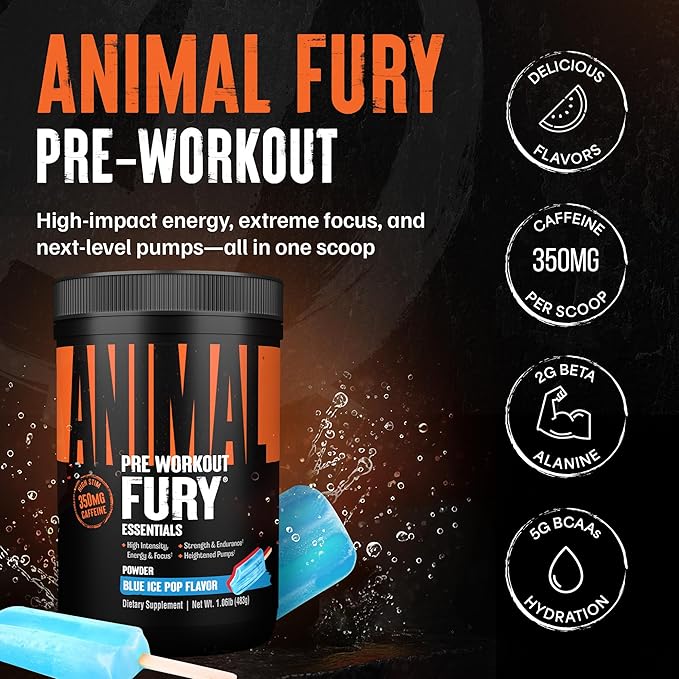 Animal Fury Pre Workout Powder ??Blue Ice Pop, 350mg Caffeine, BCAA Amino Acids, 2g Beta Alanine, Citrulline & Tyrosine, Energy, Focus, Strength, Endurance, Preworkout for Men & Women, 30 Servings