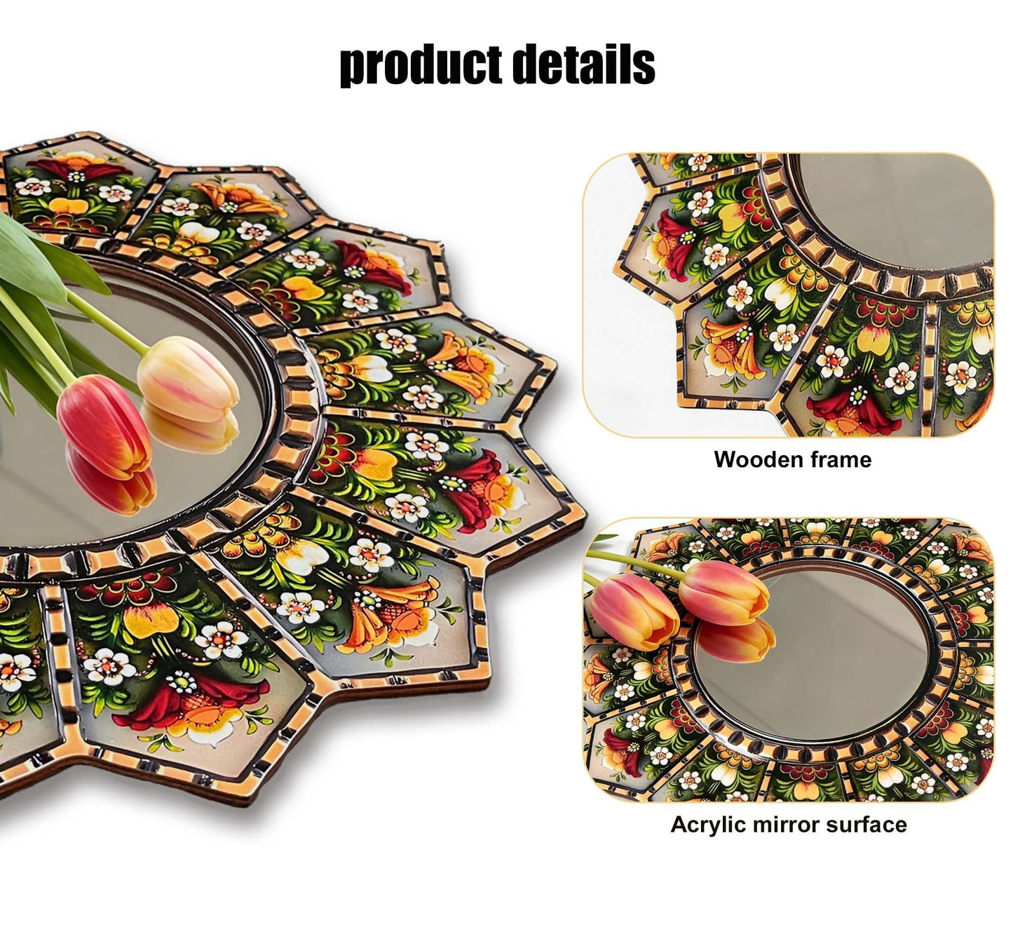 WTVLAX Sunburst Mirror Design Featuring Moroccan Style,2D Pattern 11.8inch Home Decorative Mirror for Living Room Bedroom Entryway The Pattern is Printed (Flower+Sunburst)