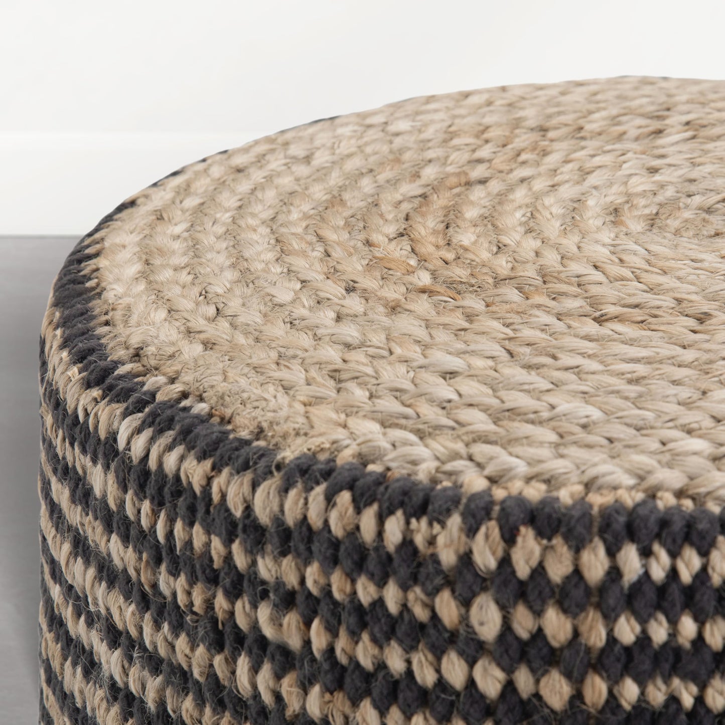 SIMPLIHOME Larissa Round Pouf - 18 inch Wide Hand Braided Jute Ottoman in Sandy Natural/Ebony, Boho Footstool or Extra Seating for Living Room or Kids Room with Polystyrene Bead Filling, Assembled