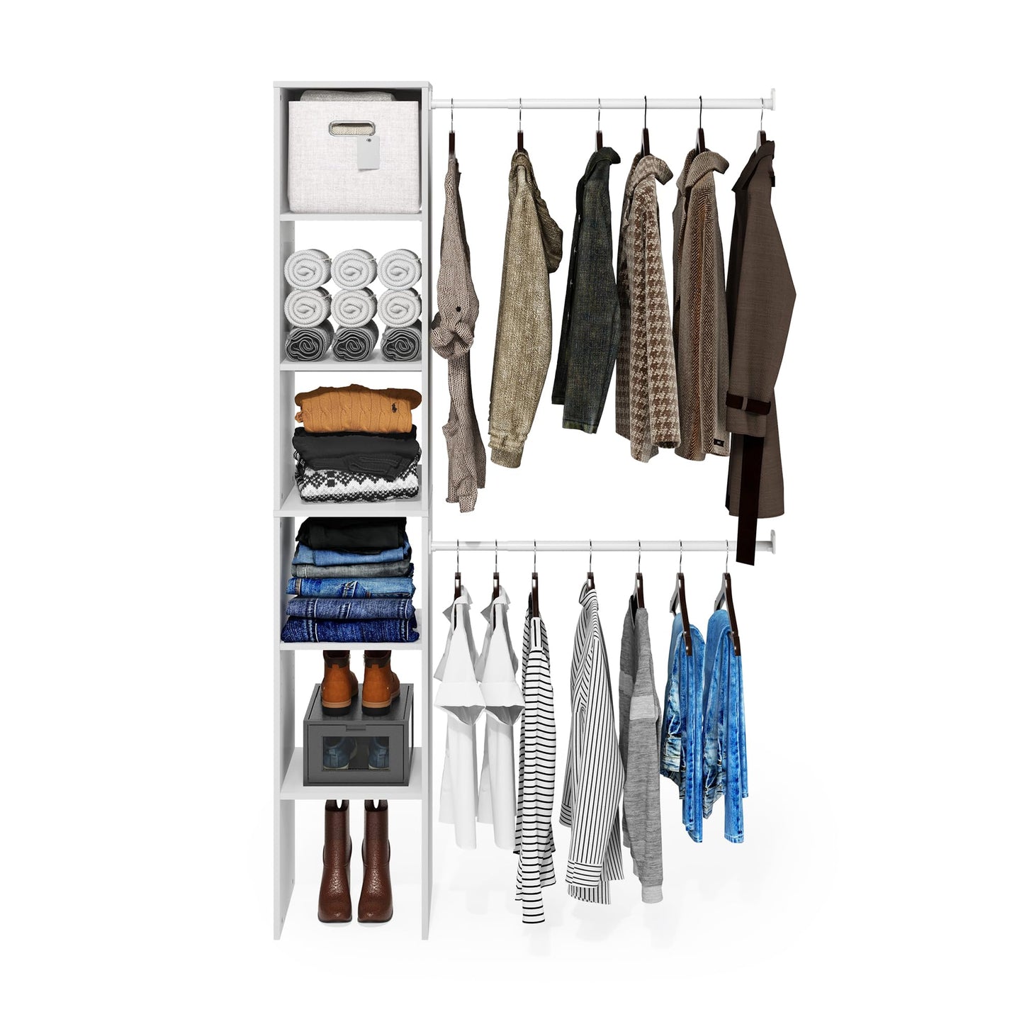 Furinno FANO Closet Organizers and Storage, 5-Tier Closet Storage Organizer with 2 Hanging Bars, Wardrobe Closet Shelf Towers, Adjustable Shelves, for Wardrobe, Bedroom, Living Room, White