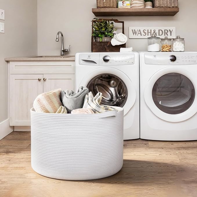 MEGASKET White Cotton Rope Storage Basket, 22" X 22" X 14" Extra Large Blanket Storage Living Room, XL Soft Toy Bin for Organizing, Woven Baby Laundry Basket with Handle, White Wicker Hamper Nursery