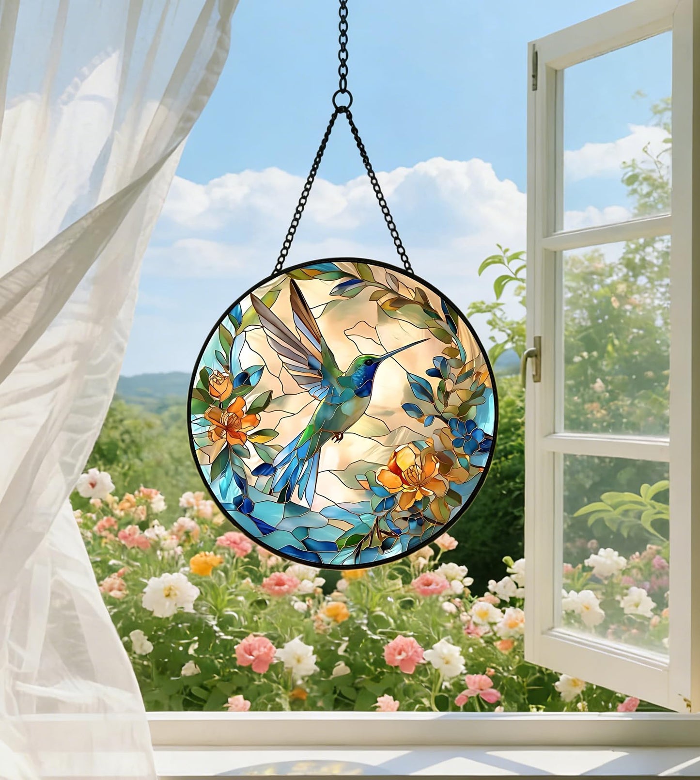 9.8 In Hummingbird Stained Glass Window Hanging, Large Stained Glass Suncatcher for Indoor Home Decor, Vibrant Bird & Flower Window Suncatcher Ornament for Garden, Ideal Gift for Women Mom Bird Lovers