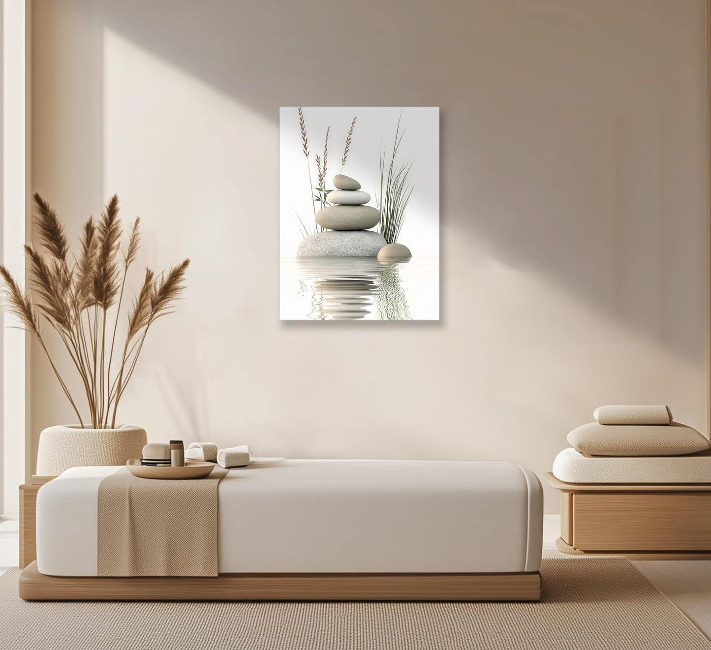 KBIERQN Zen Stone Canvas Wall Art Stacked Stones in Water Poster Print Tranquil Wild Grass Painting Picture for Spa Yoga Meditation Room Bathroom Wall Decor 16x24in Framed Ready to Hang