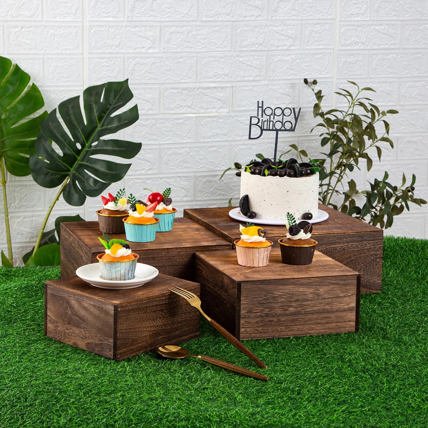 VDEHOM Vintage Brown Square Wooden Cake Stands For Display,Set Of 4 Wood Cupcake Stands Risers, 12 Inches Rustic Wood Crates For Wedding Cake Display, (Vintage Brown)