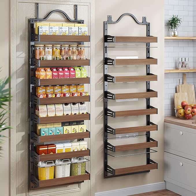8-Tier Pantry Door Organizer, Over the Door Pantry Organizer with Wooden Adjustable Baskets, 2 IN 1 Spice Rack Wall Mount or Door Organizer, Door Spice Rack for Pantry（72.6×17.1×5.1in,Black)