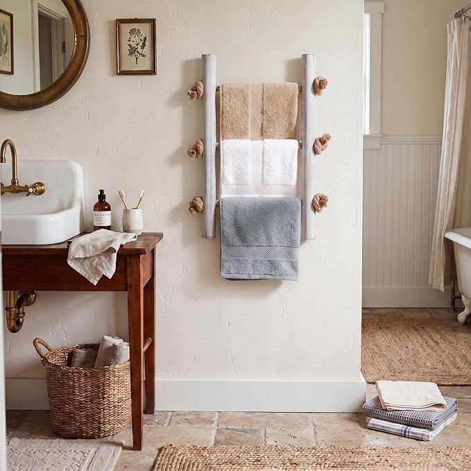 Junkin Ladder Rustic Hand Towel Holder Whitewashed Solid Wood and Rope Farmhouse Bathroom Decor Small Blanket Ladder Wall Mounted Towel Rack for Home Bathroom Decor