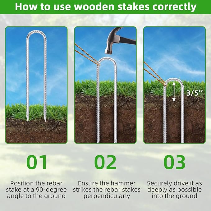 Trampoline Stakes Anchors High Wind 16inx10mm Galvanized U Hook 12pcs Rebar Stakes – Heavy Duty Ground Anchors for Trampoline,Yard & Inflatable,Landscape Metal Stakes for Outdoor Decorations