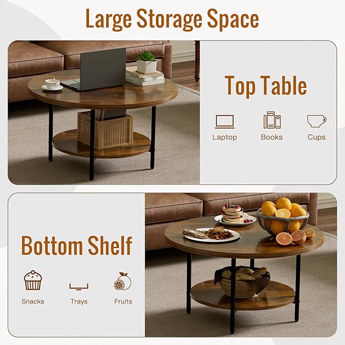 FAMIDGE Round Coffee Table, 27.6" Circle Coffee Table for Living Room, 2-Tier Wood Accent Center Table with Open Storage Industrial Design Home Furniture, Rustic Brown