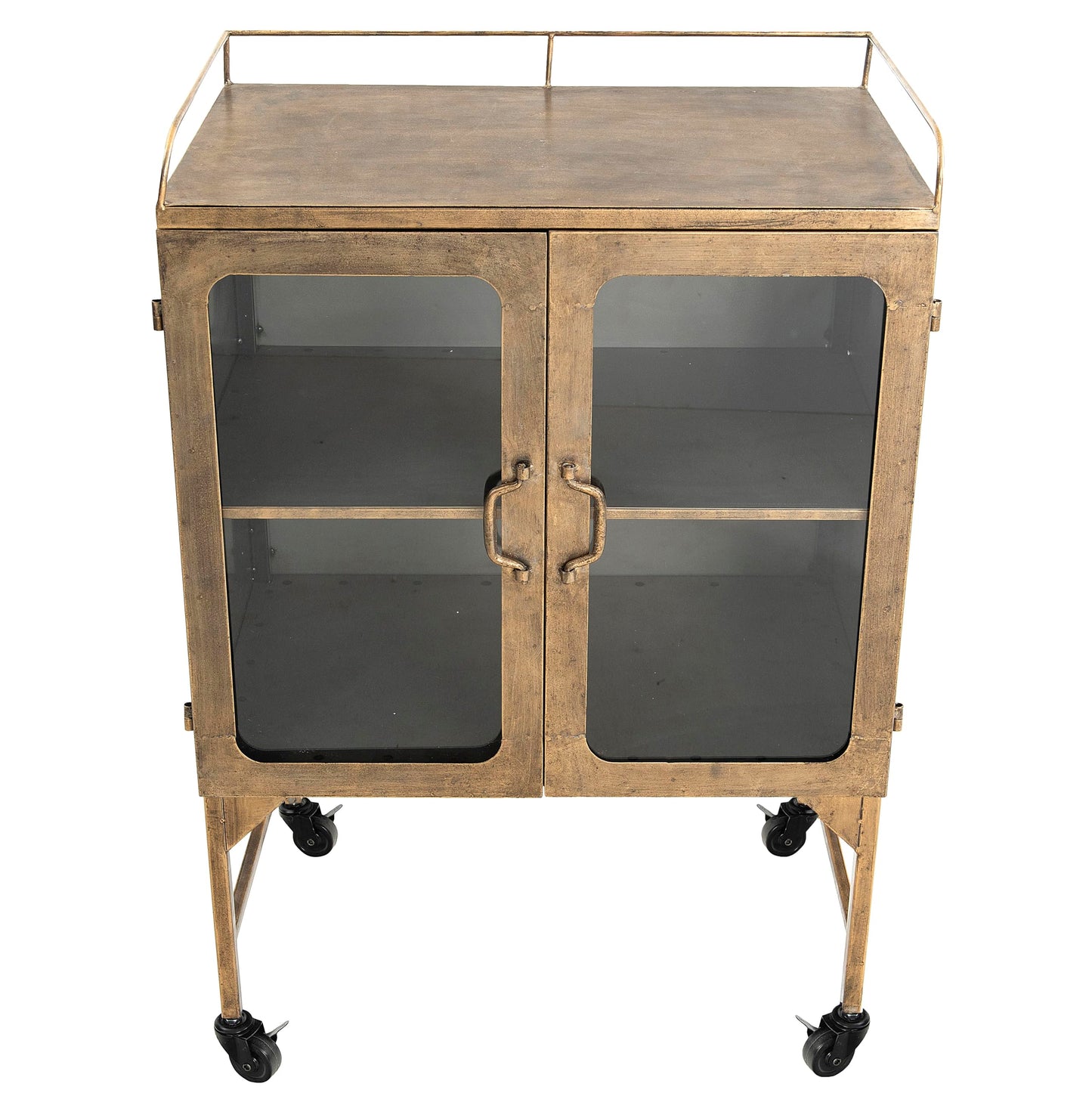 Creative Co-Op Vintage Metal Bar Cabinet with Glass Doors and Wheels, Antique Brass