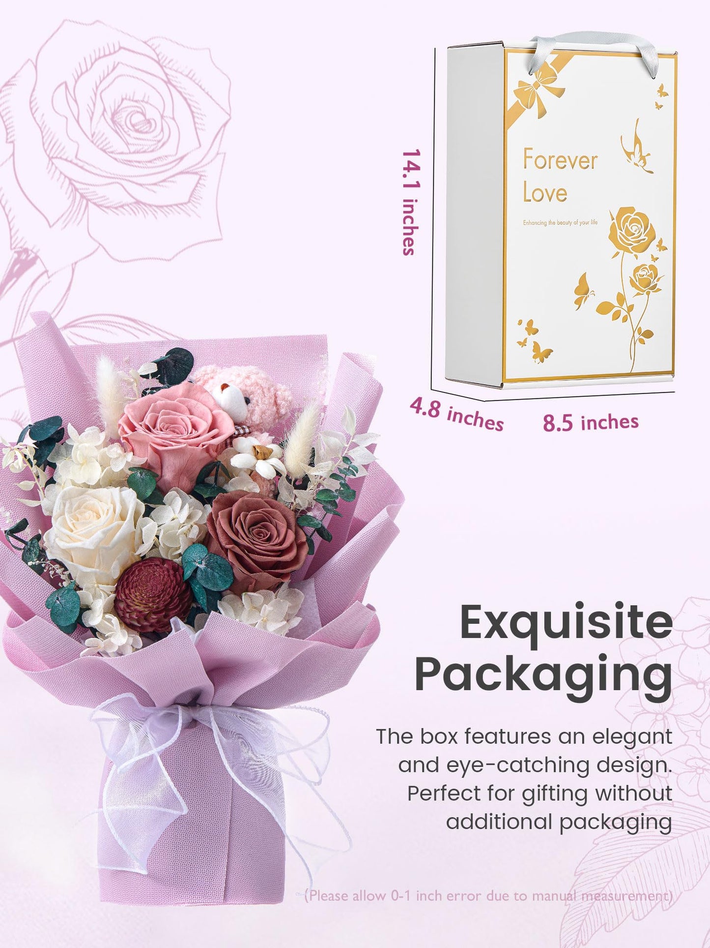 Polylove Forever Flower Bouquet Flowers for Delivery Prime Preserved Roses with Bear Gift Box for Wife Women Mother Day Anniversary Birthday (Purple)