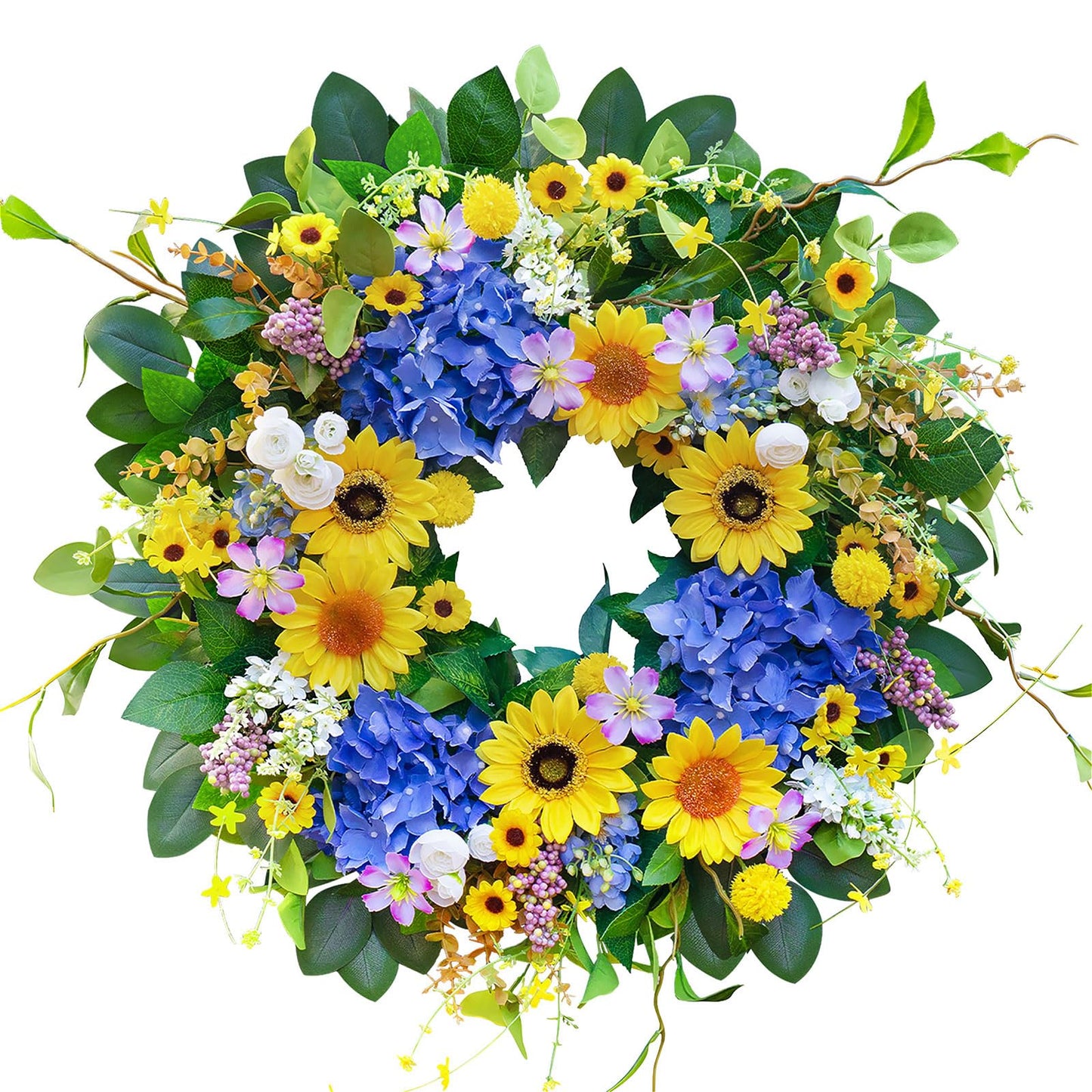 Pinkpuii Spring Wreaths for Front Door Outside- 24 Inch Spring Summer Wreath with Sunflowers,Lifelike Blue Hydrangea Flower Wreath for Indoor Outdoor Mantel,Window,Wall,Home Firplace Hanging Decor