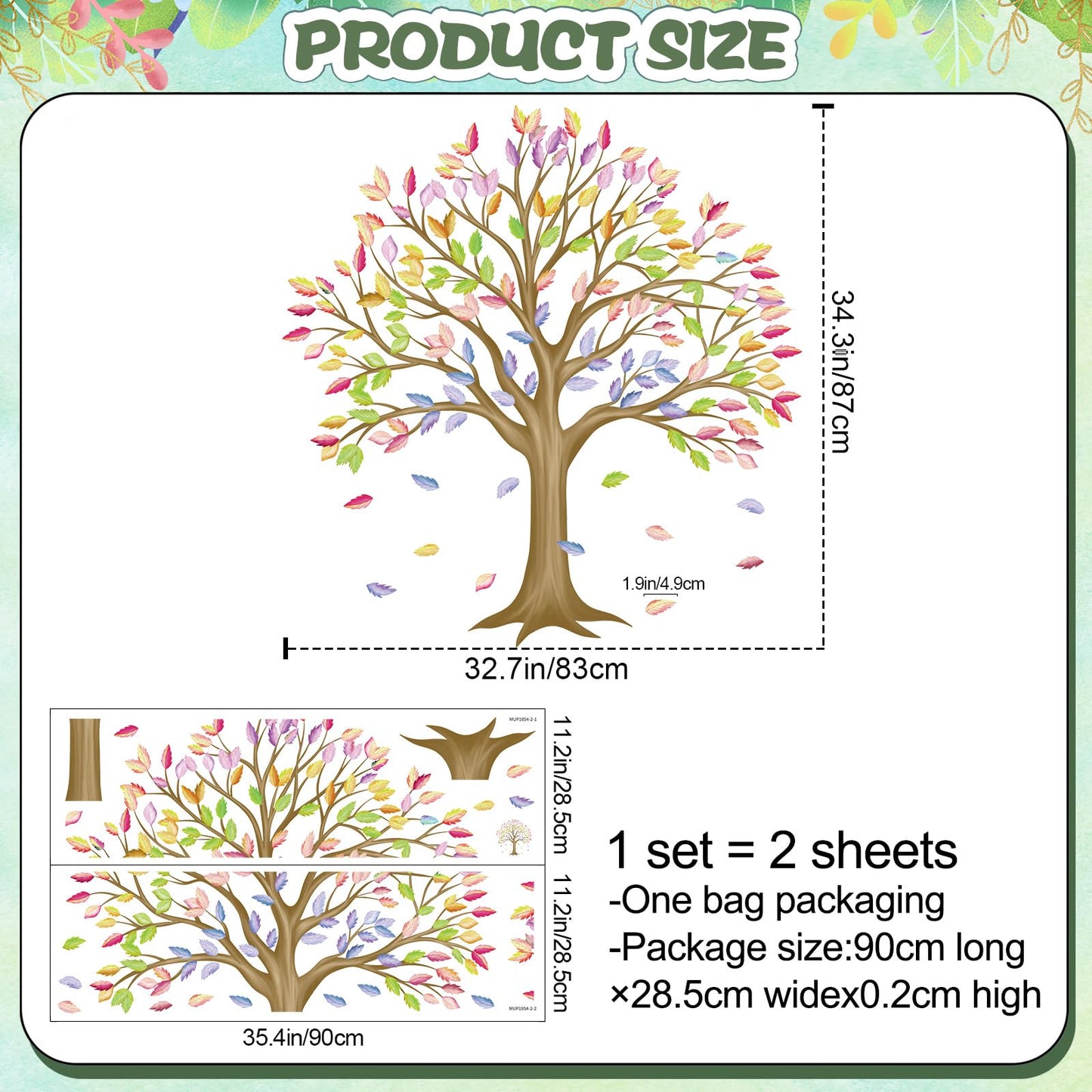 RAINBOW WSK Large Brown Tree Wall Decals Colorful Leaves Wall Stickers Peel and Stick Family Classroom Removable Vinyl Decals for Kids Room Nursery Living Room MUP1854