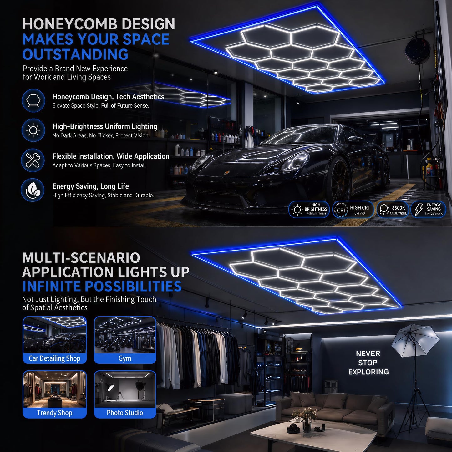 Hexagon Garage Lights 6500K, 15-Grid Honeycomb LED Garage Light with Blue Border, 84 Tubes 71400LM 660W Ceiling Shop Lights for Car Detailing, Workshop, Gym, Warehouse, Basement
