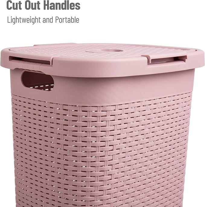 Mind Reader Slim Laundry Hamper with Lid, 60L Tall Clothes Basket, Narrow Tapered Design for Bathrooms, Closets and Laundry Rooms, Plastic, 2 Pack, Pink