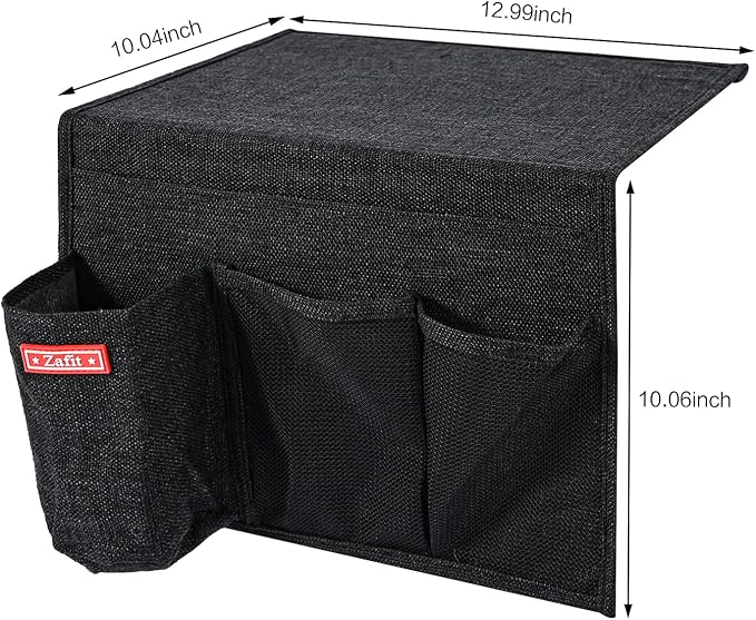 Zafit Linen 4 Pockets Bedside Caddy, Bedside Storage Organizer with Water Bottle Holder for Magazine, Remotes, Phone (Black)