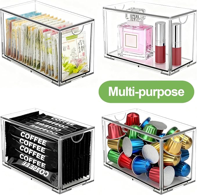 2 Pack Stackable Tea Bag Storage Organizer Drawers – Clear Acrylic Tea Bag Holder for Cabinet, Drawer, Pantry, Countertop – Kitchen Tea Storage Container