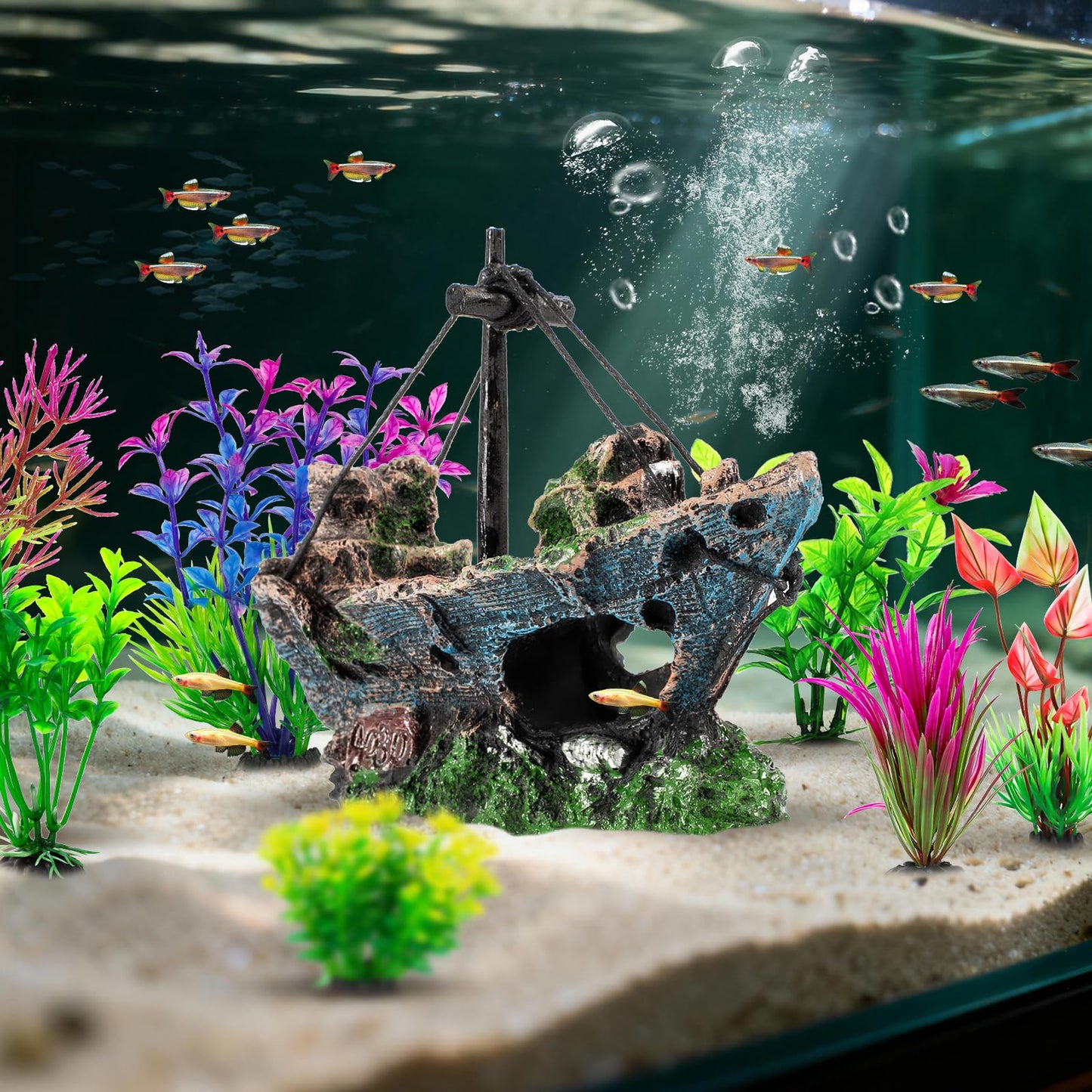 Xereooe 8Pcs Fish Tank Decorations Set Sunken Ship Decoration,Resin Material Fish Tank Accessories Accessories for Natural Look, Aquarium Shipwreck x 1pc, Aquatic Plants x 7pcs