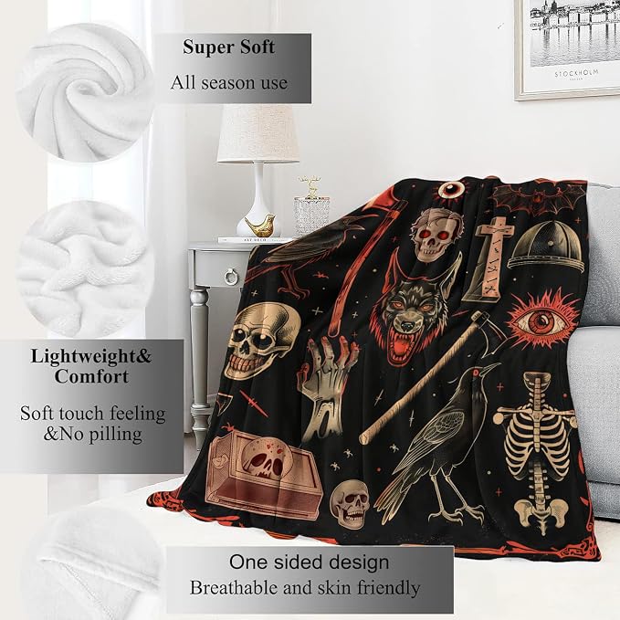Vintage Gothic Horror Blanket,Creepy Goth Skeleton Skulls Bats Fun Throw Blankets,Gifts for Women Men, Lightweight Soft Fleece Cozy,for Couch Bed Room,Festival Halloween Decor,40x50in
