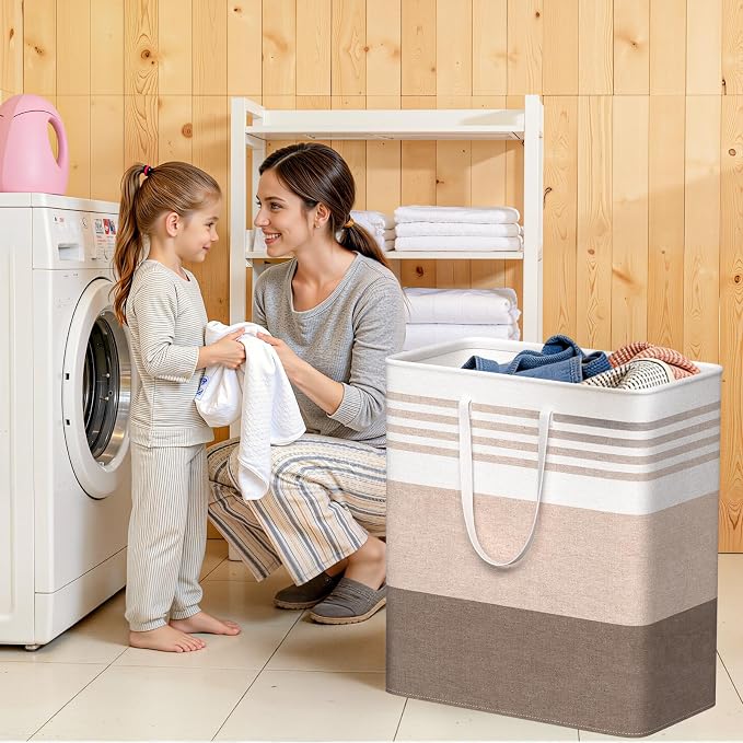WOWBOX 2 Pack Laundry Baskets, Laundry Hampers, Freestanding Dirty Clothes Hampers with Reinforced Handles & Cross Stitch & Waterproof Coating, for Laundry Bedroom Bathroom Dorm,100L Khaki