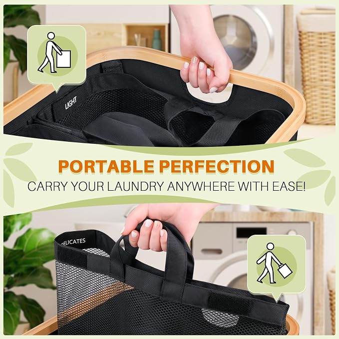 Laundry Hamper with Lid, 160L Dirty Clothes Hamper for Laundry Basket 3 Section, Extra Large Laundry Sorter Hamper 3 Compartment with Removable Inner Bags & Labels, Black