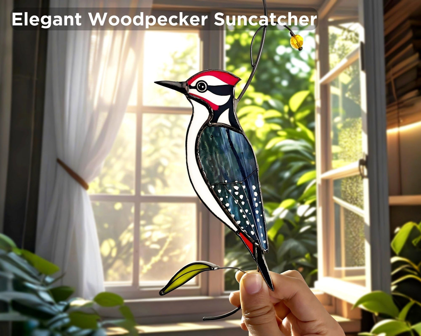 AuroAura Woodpecker Stained Glass Window Hanging for Women, Mom, Grandma - Handmade Real Glass Bird Suncatcher - Elegant Gifts Box Home Decor (H8.9xW3.2 inch)